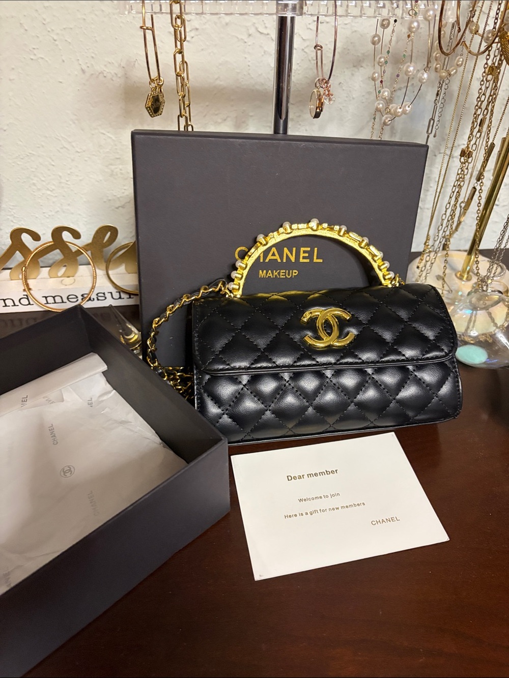 GWP CHANEL / VIP /novelty Black Quilted Mini Chain Top-Handle Bag with Gold CC.
